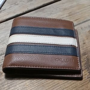 COACH MENS 3 IN 1 VAR SADDLE MIDNIGHT NVY/CHALK STRIPED LEATHER WALLET